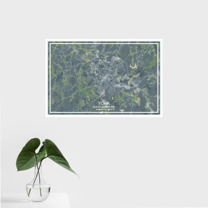 16x24 York South Carolina Map Print Landscape Orientation in Afternoon Style With Tropical Plant Leaves in Water