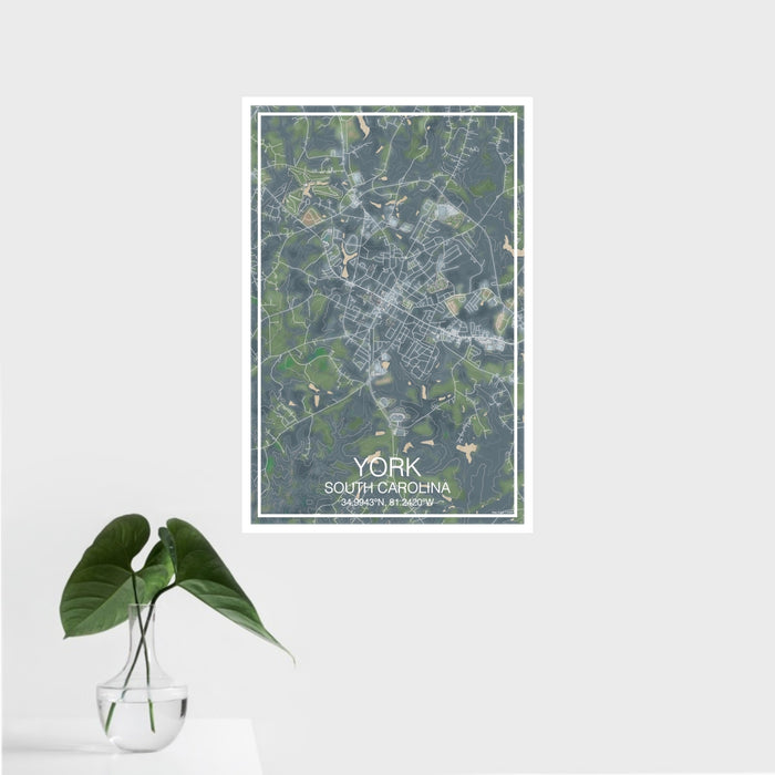 16x24 York South Carolina Map Print Portrait Orientation in Afternoon Style With Tropical Plant Leaves in Water