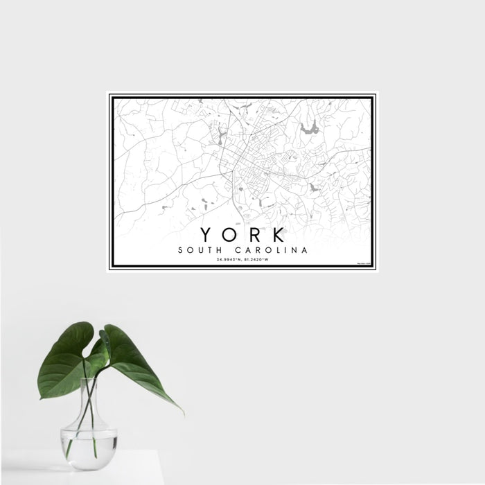 16x24 York South Carolina Map Print Landscape Orientation in Classic Style With Tropical Plant Leaves in Water
