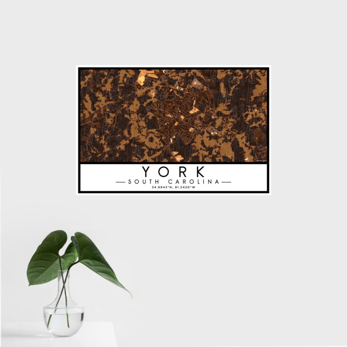16x24 York South Carolina Map Print Landscape Orientation in Ember Style With Tropical Plant Leaves in Water