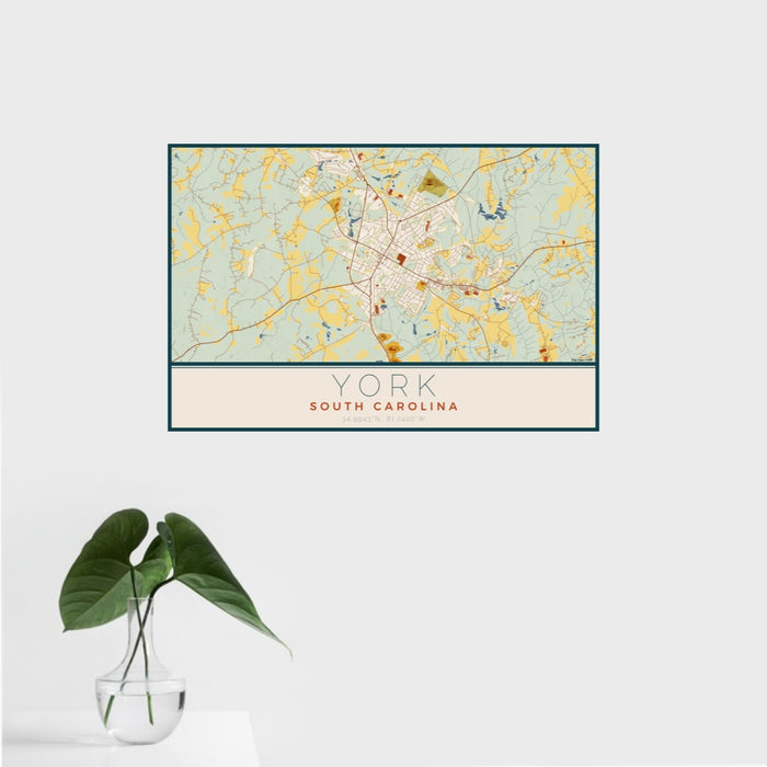 16x24 York South Carolina Map Print Landscape Orientation in Woodblock Style With Tropical Plant Leaves in Water