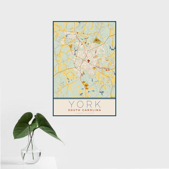 16x24 York South Carolina Map Print Portrait Orientation in Woodblock Style With Tropical Plant Leaves in Water