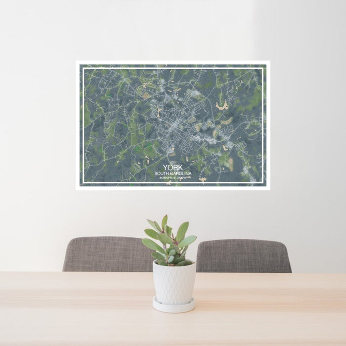 24x36 York South Carolina Map Print Landscape Orientation in Afternoon Style Behind 2 Chairs Table and Potted Plant