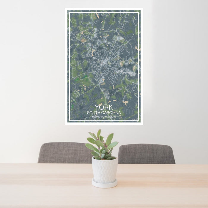 24x36 York South Carolina Map Print Portrait Orientation in Afternoon Style Behind 2 Chairs Table and Potted Plant