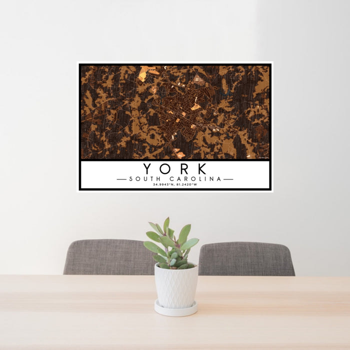 24x36 York South Carolina Map Print Landscape Orientation in Ember Style Behind 2 Chairs Table and Potted Plant