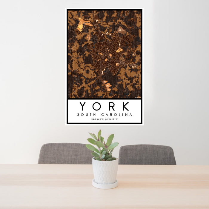 24x36 York South Carolina Map Print Portrait Orientation in Ember Style Behind 2 Chairs Table and Potted Plant