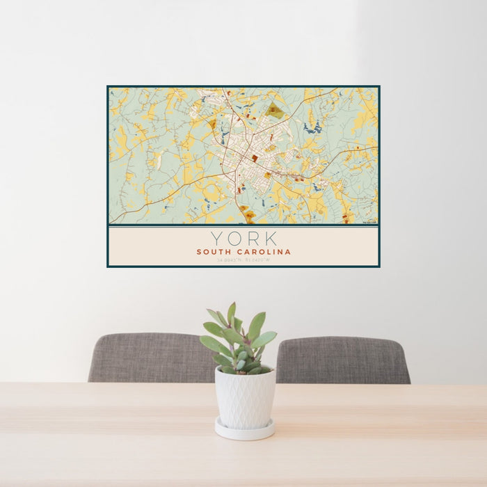 24x36 York South Carolina Map Print Landscape Orientation in Woodblock Style Behind 2 Chairs Table and Potted Plant