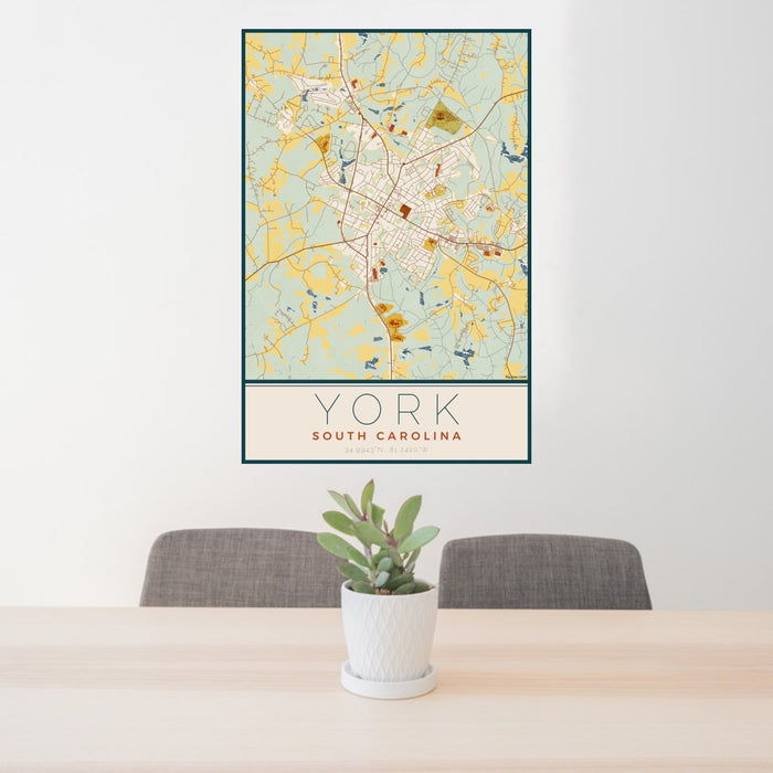 24x36 York South Carolina Map Print Portrait Orientation in Woodblock Style Behind 2 Chairs Table and Potted Plant