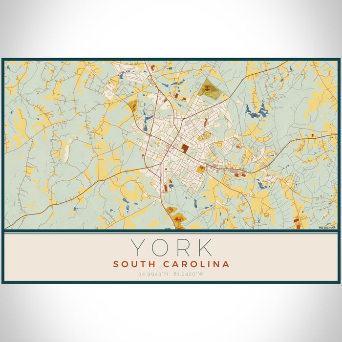 York South Carolina Map Print Landscape Orientation in Woodblock Style With Shaded Background