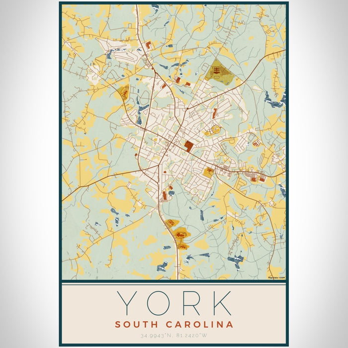 York South Carolina Map Print Portrait Orientation in Woodblock Style With Shaded Background