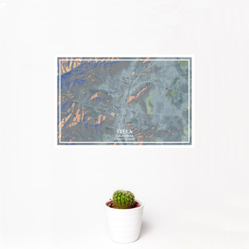 12x18 Yreka California Map Print Landscape Orientation in Afternoon Style With Small Cactus Plant in White Planter