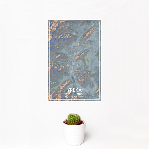 12x18 Yreka California Map Print Portrait Orientation in Afternoon Style With Small Cactus Plant in White Planter