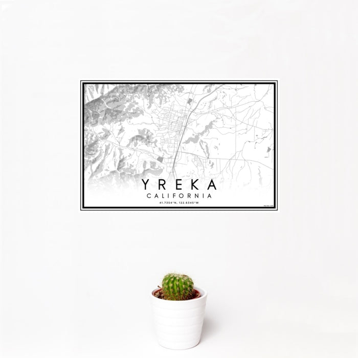 12x18 Yreka California Map Print Landscape Orientation in Classic Style With Small Cactus Plant in White Planter