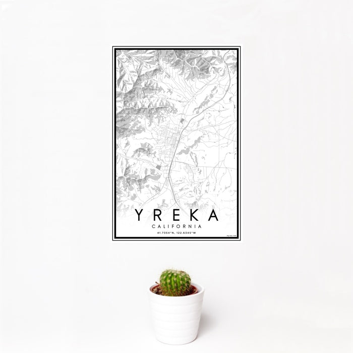 12x18 Yreka California Map Print Portrait Orientation in Classic Style With Small Cactus Plant in White Planter