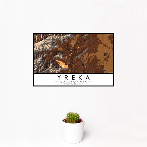 12x18 Yreka California Map Print Landscape Orientation in Ember Style With Small Cactus Plant in White Planter