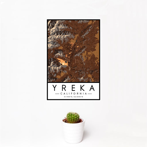 12x18 Yreka California Map Print Portrait Orientation in Ember Style With Small Cactus Plant in White Planter