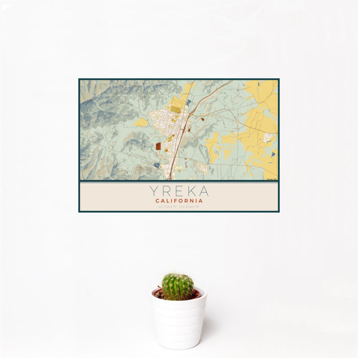 12x18 Yreka California Map Print Landscape Orientation in Woodblock Style With Small Cactus Plant in White Planter