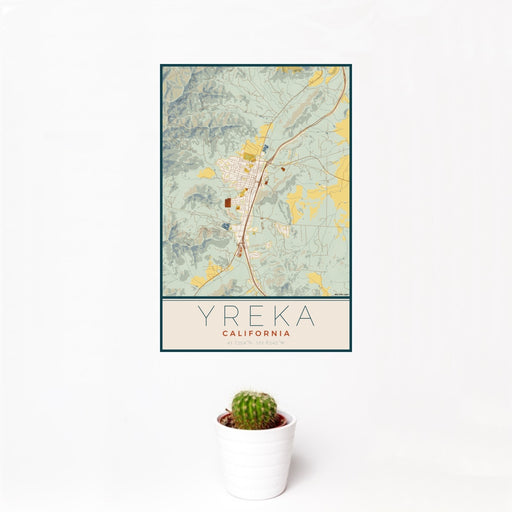 12x18 Yreka California Map Print Portrait Orientation in Woodblock Style With Small Cactus Plant in White Planter