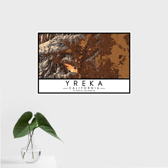 16x24 Yreka California Map Print Landscape Orientation in Ember Style With Tropical Plant Leaves in Water
