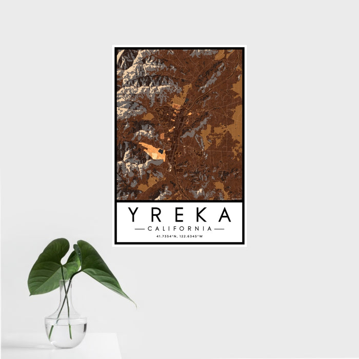 16x24 Yreka California Map Print Portrait Orientation in Ember Style With Tropical Plant Leaves in Water
