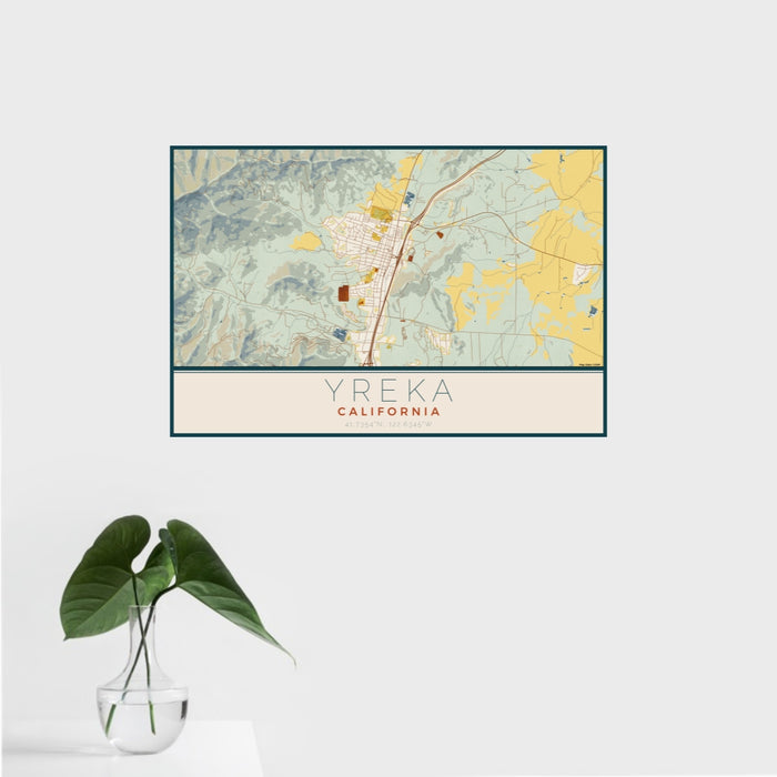 16x24 Yreka California Map Print Landscape Orientation in Woodblock Style With Tropical Plant Leaves in Water