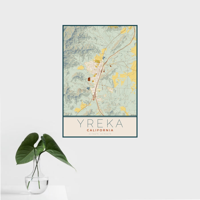 16x24 Yreka California Map Print Portrait Orientation in Woodblock Style With Tropical Plant Leaves in Water