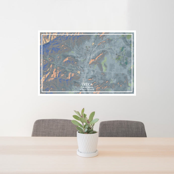 24x36 Yreka California Map Print Lanscape Orientation in Afternoon Style Behind 2 Chairs Table and Potted Plant