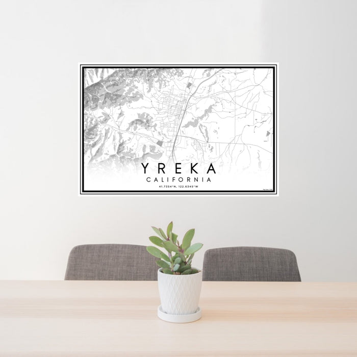 24x36 Yreka California Map Print Lanscape Orientation in Classic Style Behind 2 Chairs Table and Potted Plant