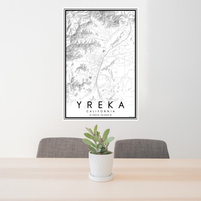 24x36 Yreka California Map Print Portrait Orientation in Classic Style Behind 2 Chairs Table and Potted Plant