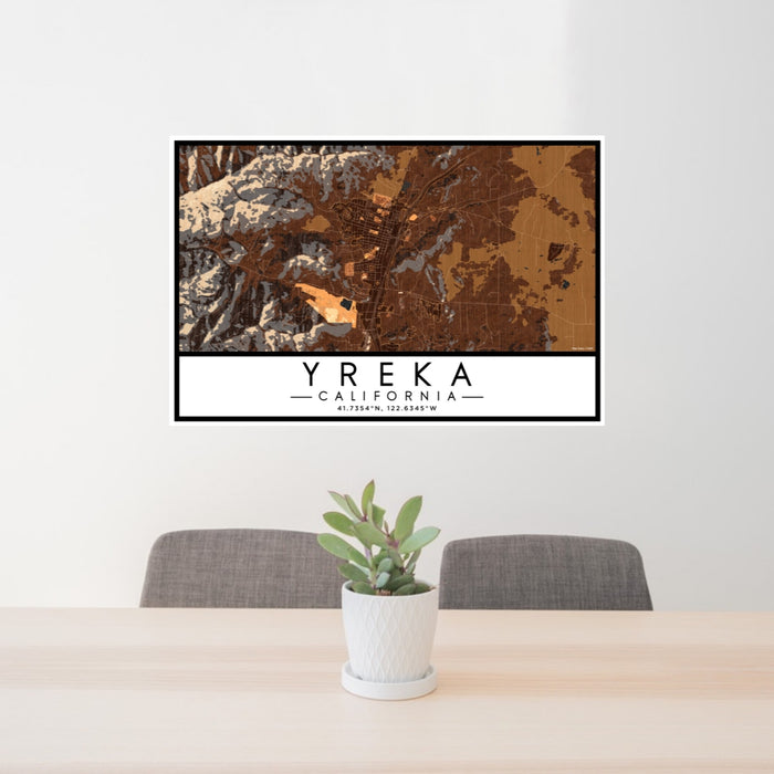 24x36 Yreka California Map Print Lanscape Orientation in Ember Style Behind 2 Chairs Table and Potted Plant