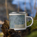 Right View Custom Yreka California Map Enamel Mug in Afternoon on Grass With Trees in Background