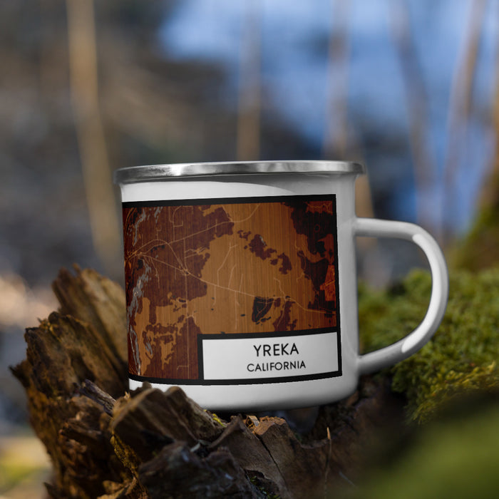 Right View Custom Yreka California Map Enamel Mug in Ember on Grass With Trees in Background