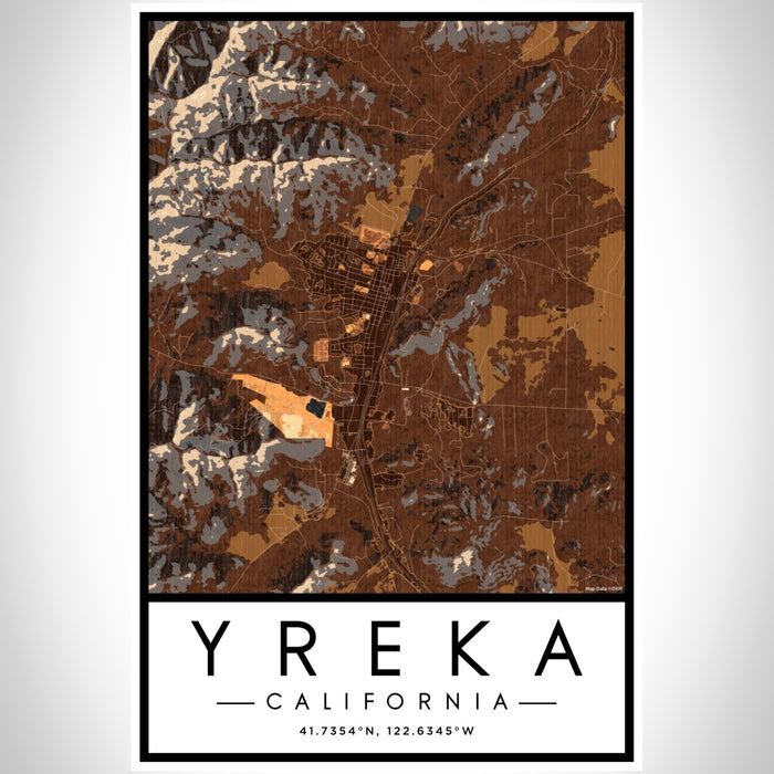 Yreka California Map Print Portrait Orientation in Ember Style With Shaded Background
