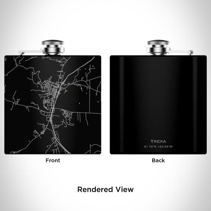 Rendered View of Yreka California Map Engraving on 6oz Stainless Steel Flask in Black