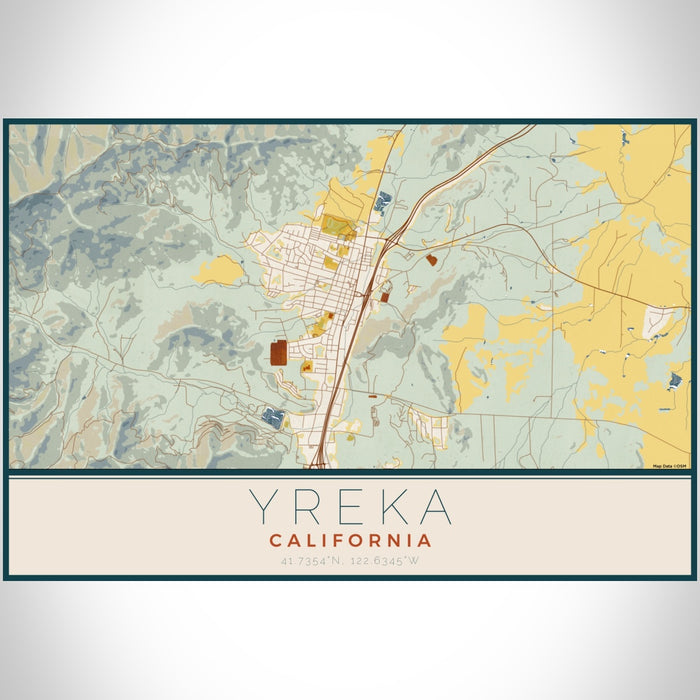 Yreka California Map Print Landscape Orientation in Woodblock Style With Shaded Background