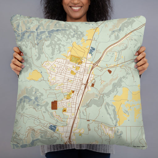 Person holding 22x22 Custom Yreka California Map Throw Pillow in Woodblock