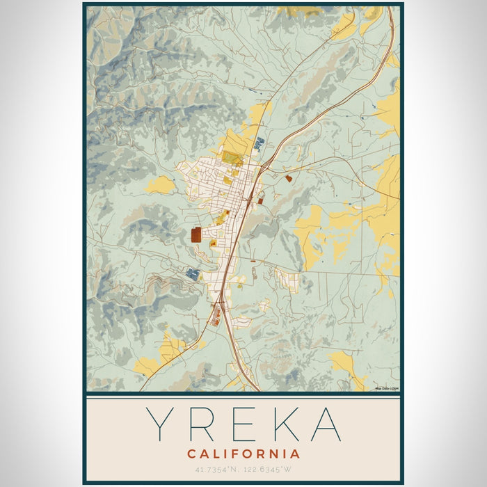 Yreka California Map Print Portrait Orientation in Woodblock Style With Shaded Background