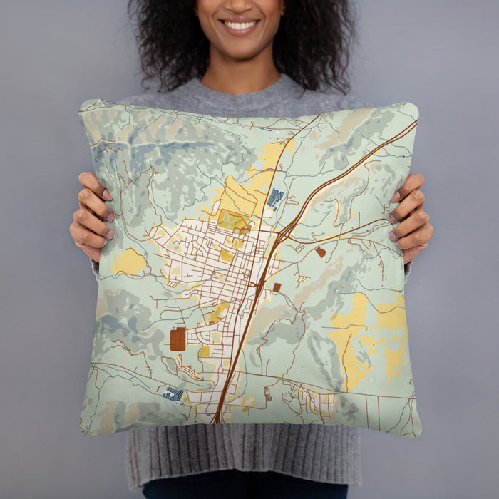 Person holding 18x18 Custom Yreka California Map Throw Pillow in Woodblock
