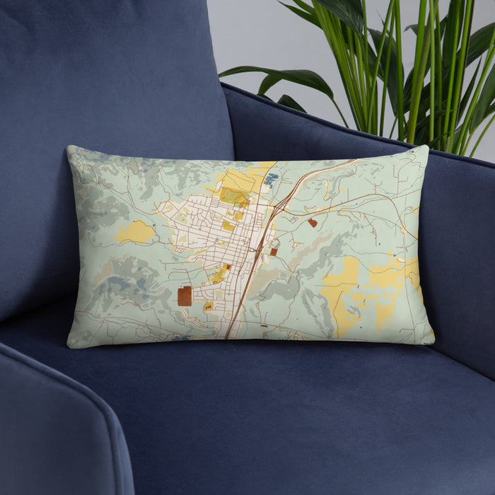 Custom Yreka California Map Throw Pillow in Woodblock on Blue Colored Chair