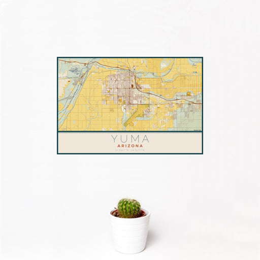 12x18 Yuma Arizona Map Print Landscape Orientation in Woodblock Style With Small Cactus Plant in White Planter