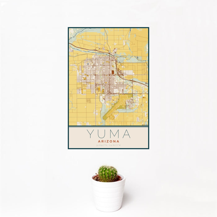 12x18 Yuma Arizona Map Print Portrait Orientation in Woodblock Style With Small Cactus Plant in White Planter