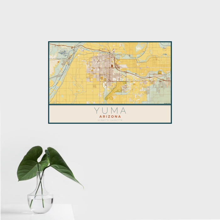 16x24 Yuma Arizona Map Print Landscape Orientation in Woodblock Style With Tropical Plant Leaves in Water