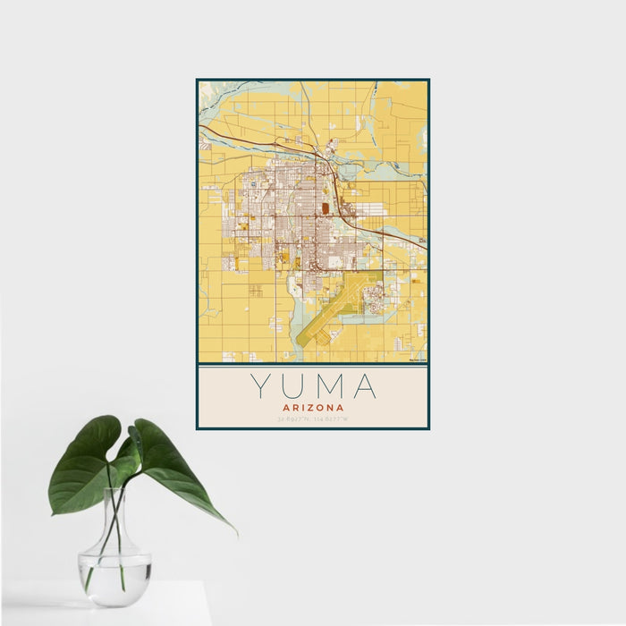16x24 Yuma Arizona Map Print Portrait Orientation in Woodblock Style With Tropical Plant Leaves in Water