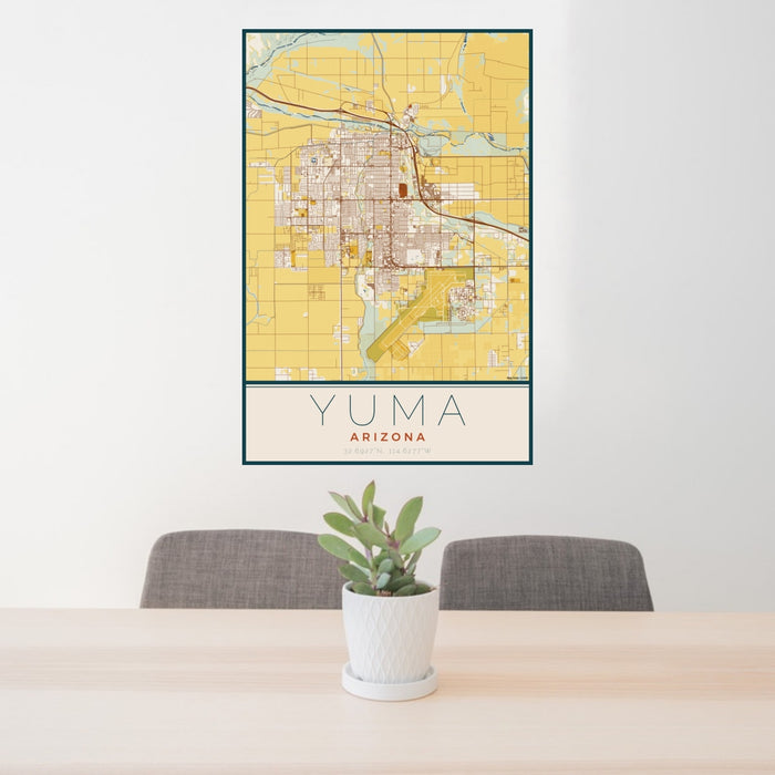 24x36 Yuma Arizona Map Print Portrait Orientation in Woodblock Style Behind 2 Chairs Table and Potted Plant