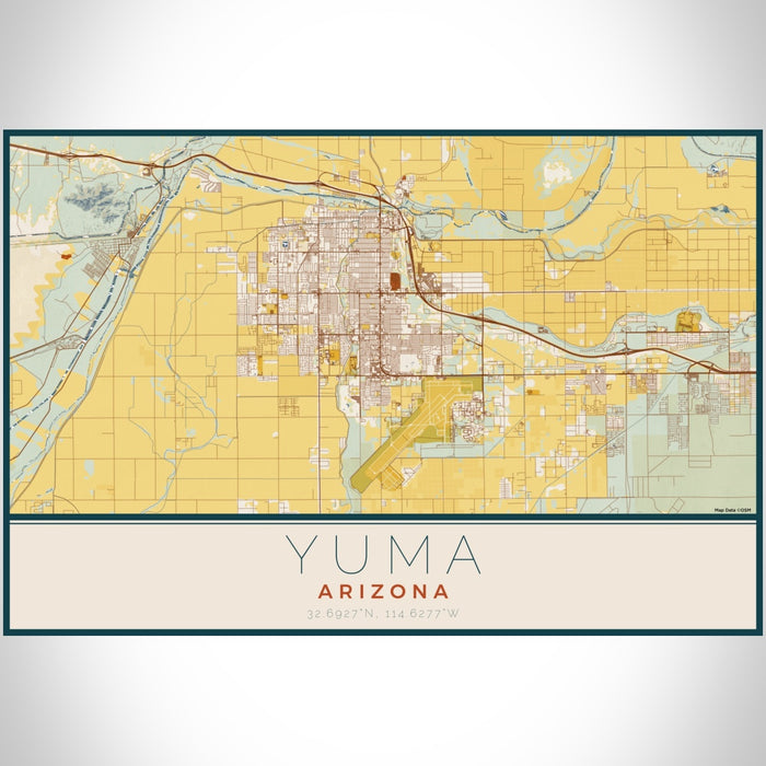 Yuma Arizona Map Print Landscape Orientation in Woodblock Style With Shaded Background