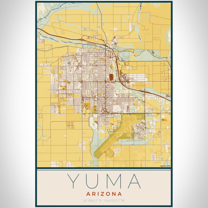 Yuma Arizona Map Print Portrait Orientation in Woodblock Style With Shaded Background