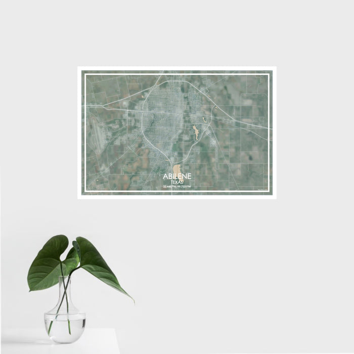 16x24 ABILENE Texas Map Print Landscape Orientation in Afternoon Style With Tropical Plant Leaves in Water
