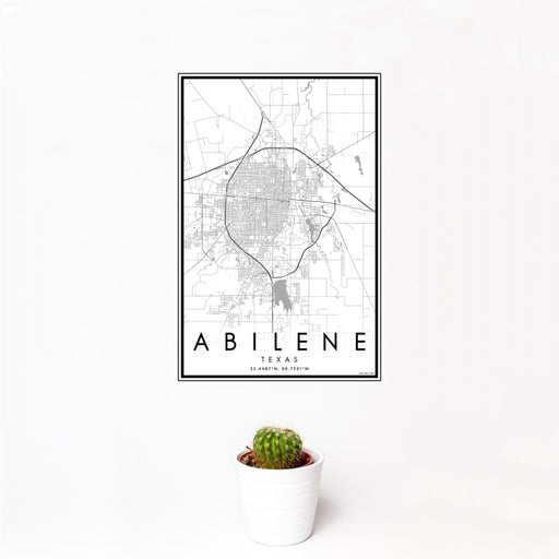 12x18 Abilene Texas Map Print Portrait Orientation in Classic Style With Small Cactus Plant in White Planter