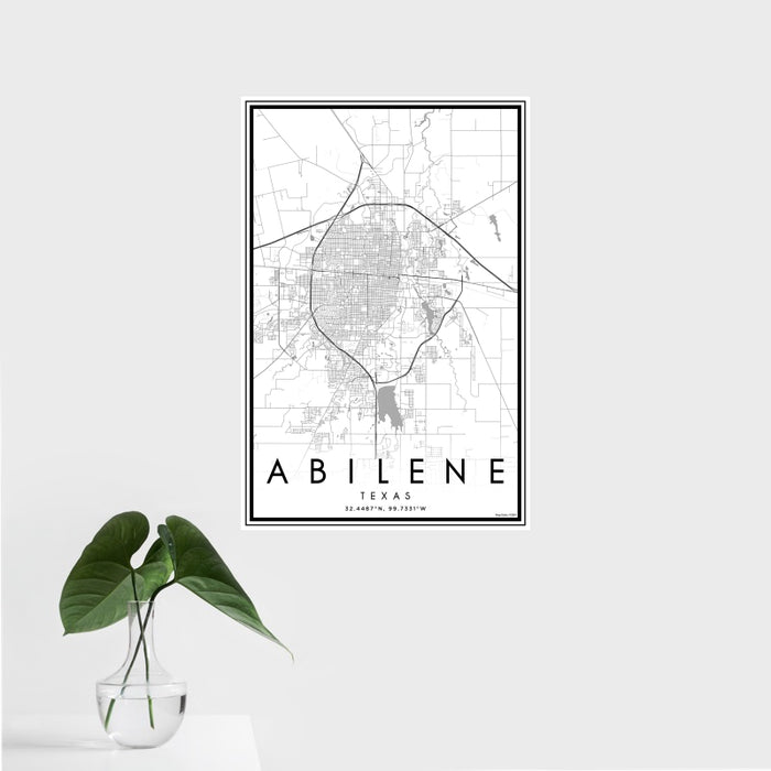 16x24 Abilene Texas Map Print Portrait Orientation in Classic Style With Tropical Plant Leaves in Water