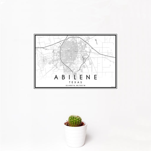 12x18 Abilene Texas Map Print Landscape Orientation in Classic Style With Small Cactus Plant in White Planter